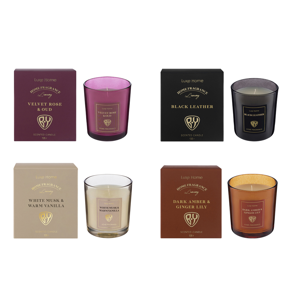 Свеча ароматизир. Luxe Home, 135гр., White Musk&Warm Vanilla,Black leather,Velvet Rose,Dark BY(4/8)
